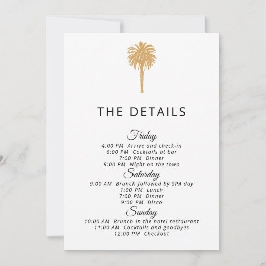 Tropical Beach Gold Palm Zielort Bachelorette Einladung (Rückseite)