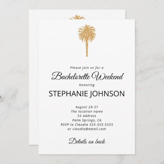 Tropical Beach Gold Palm Zielort Bachelorette Einladung (Vorne/Hinten)