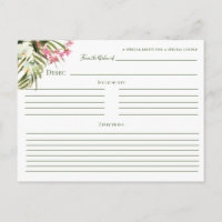 Tropical Beach Greenery Pink Floral Recipe Cards