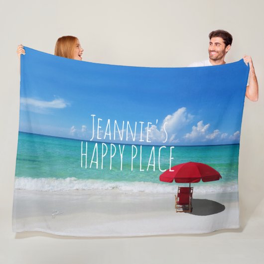 Tropical Beach Happy Place Dein Name Red Umbrella Fleecedecke (Beispiel)