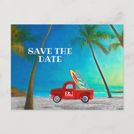 Tropical Beach Hawaii Palm Surfboards Red Truck Postkarte (Vorderseite)