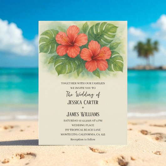 Tropical Beach Hawaiian Hibiscus Wedding Einladung