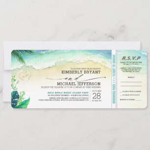 Tropical Beach Heart Shore Wedding Boarding Pass Einladung