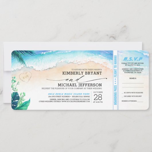 Tropical Beach Heart Shore Wedding Boarding Pass Einladung (Vorderseite)