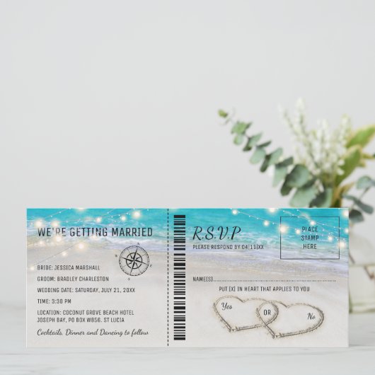 Tropical Beach Heart Wedcket mit UAWG Einladung (Stehend Vorderseite)