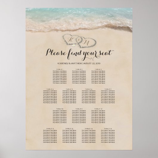 Tropical Beach Heart Wedding 14 Seating Chart Poster (Vorne)