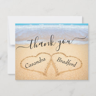 Tropical Beach Hearts in Sand Wedding Dankeskarte
