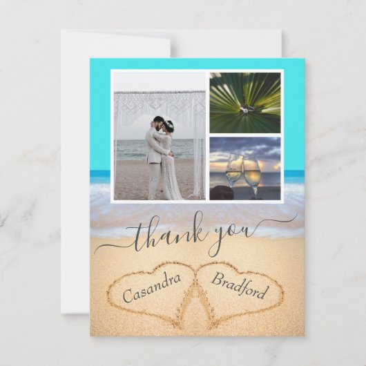 Tropical Beach Hearts in Sand Wedding Vielen Dank Dankeskarte (Vorderseite)