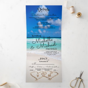 Tropical Beach Hearts Ocean Surf Hochzeit Dreifach Gefaltete Einladung