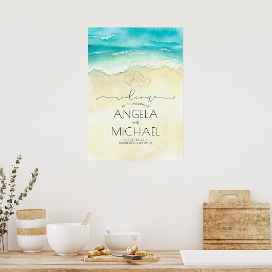 Tropical Beach Hearts Wedding Willkommenszeichen Poster (Küche)