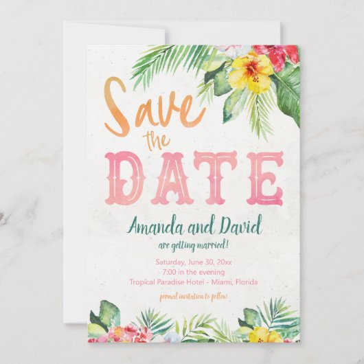 Tropical Beach Hibiskus und Flamingo Save the Date Einladung (Vorderseite)