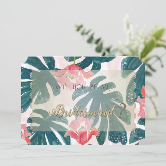 Tropical Beach HibiskusPalm Blätter Bridesmaid Car Einladung (Stehend Vorderseite)