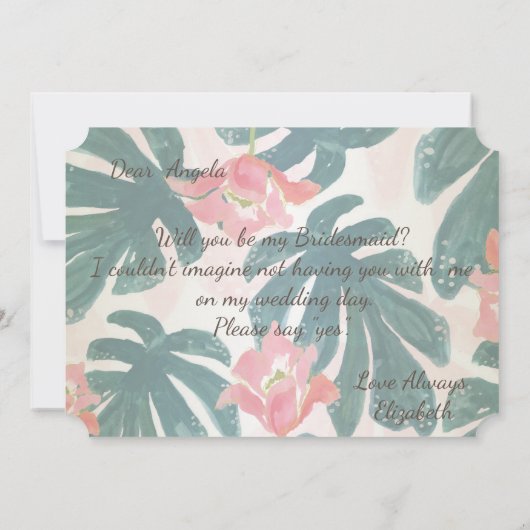 Tropical Beach HibiskusPalm Blätter Bridesmaid Car Einladung (Rückseite)