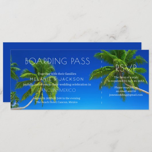 Tropical Beach Hochzeit in Urlaubsort Boarding Pas Einladung (Vorne/Hinten)
