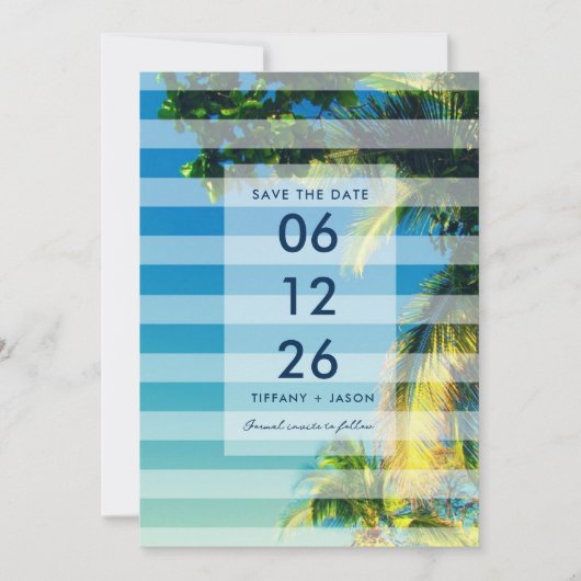 Tropical Beach Hochzeit in Urlaubsort Foto Einladung (Vorderseite)