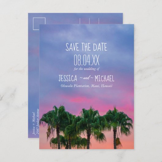 Tropical Beach Hochzeit in Urlaubsort Save the Dat Ankündigungspostkarte (Vorne/Hinten)