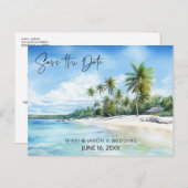 Tropical Beach Hochzeit in Urlaubsort Save the Dat Ankündigungspostkarte (Vorne/Hinten)
