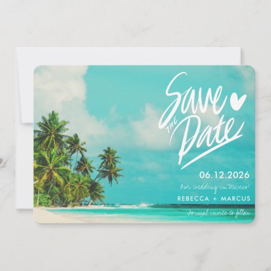 Tropical Beach Hochzeit in Urlaubsort Save the Dat Einladung (Vorderseite)