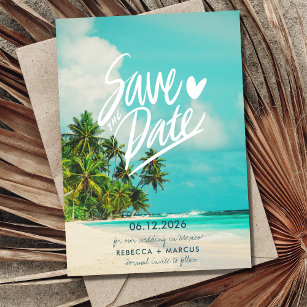 Tropical Beach Hochzeit in Urlaubsort Save the Dat Einladung