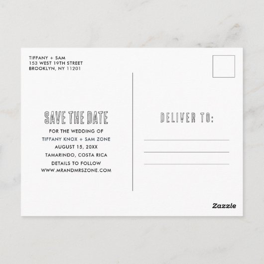 Tropical Beach Hochzeit in Urlaubsort Save the Dat Postkarte (Rückseite)