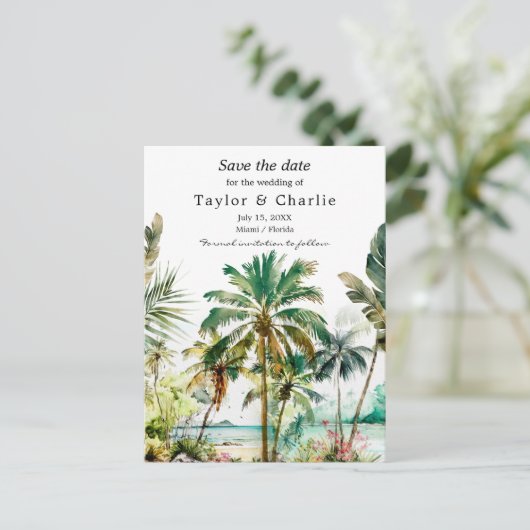 Tropical Beach Hochzeit in Urlaubsort Save the Dat Postkarte (Stehend Vorderseite)