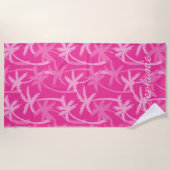 Tropical Beach Hot Pink Palm Tree Mit Monogramm Strandtuch (Vorderseite)