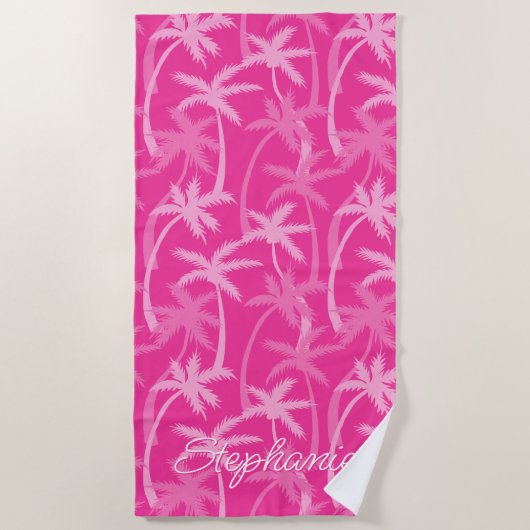 Tropical Beach Hot Pink Palm Tree Mit Monogramm Strandtuch (Vorderseite)