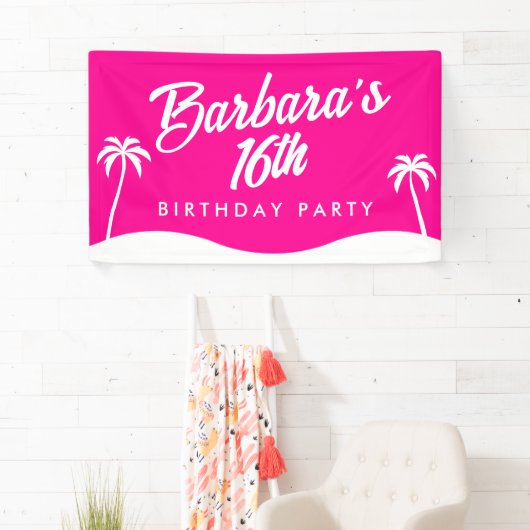 Tropical Beach Hot Pink Script Sweet 16 Banner (Insitu)