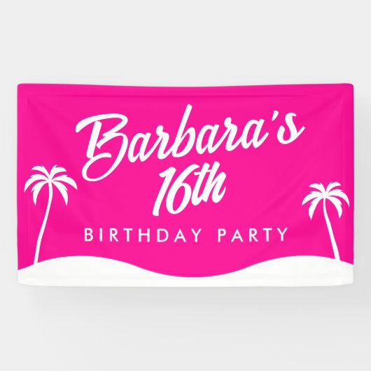 Tropical Beach Hot Pink Script Sweet 16 Banner (Horizontal)
