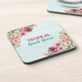 Tropical Beach House Pink Blume Blumen Botanische Getränkeuntersetzer (Linke Seite)