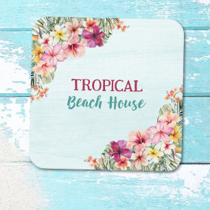 Tropical Beach House Pink Blume Blumen Botanische Quadratischer Aufkleber