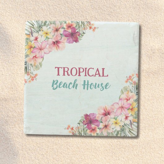 Tropical Beach House Pink Blume Blumen Botanische Steinuntersetzer
