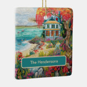 Tropical Beach House Turquoise Pink Name Christmas Keramikornament (Rechts)