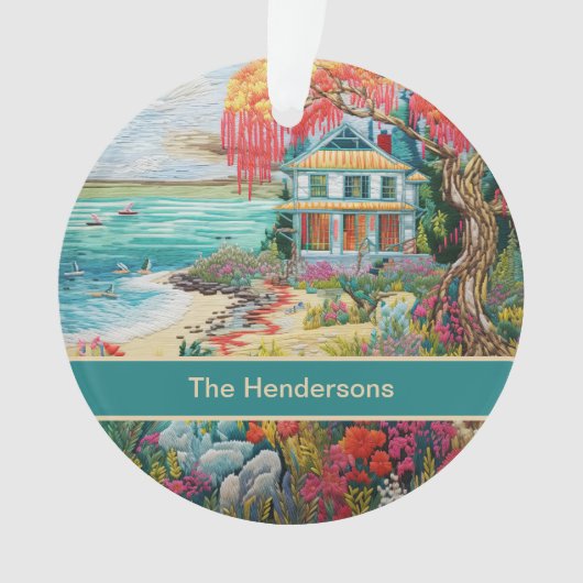 Tropical Beach House Turquoise Pink Name Christmas Ornament (Vorderseite)