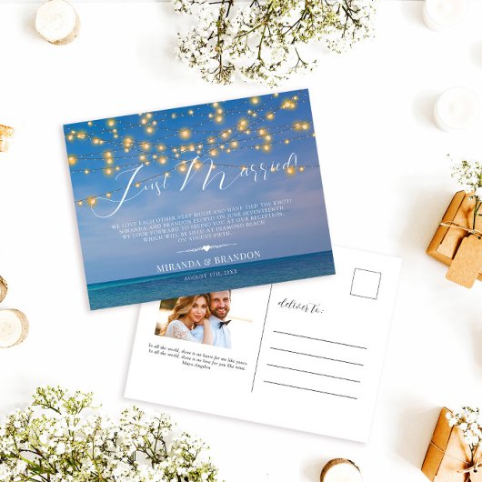 Tropical Beach Just Married Hochzeit Ankündigung Postkarte