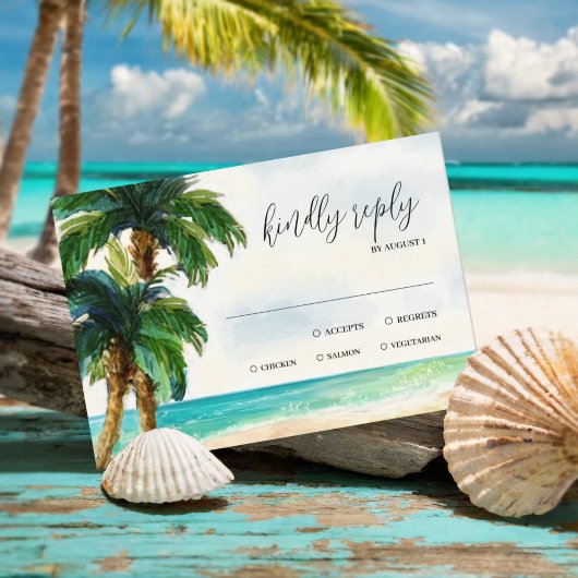 Tropical Beach Lagoon | Palm Tree Paradise Wedding RSVP Karte