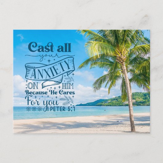 Tropical Beach Landschaft, 1 Peter 5:7 Bible Verse Postkarte (Vorderseite)