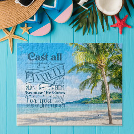 Tropical Beach Landschaft, 1 Peter 5:7 Bible Verse Puzzle