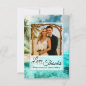 Tropical Beach Love & Thanks Photo & Note Wedding Dankeskarte (Vorderseite)