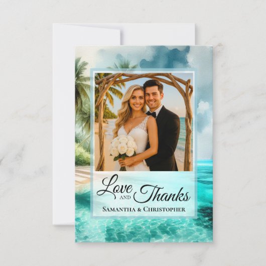 Tropical Beach Love & Thanks Photo & Note Wedding Dankeskarte (Vorderseite)