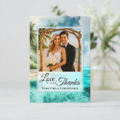 Tropical Beach Love & Thanks Photo & Note Wedding Dankeskarte (Stehend Vorderseite)
