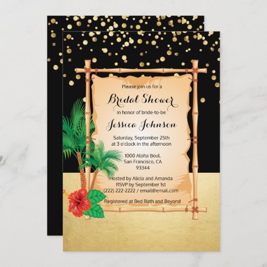 Tropical Beach Luau Black Gold Brautparty Einladung (Vorne/Hinten)