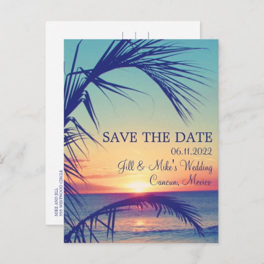 Tropical Beach Mexico Wedding rettet das Datum Ankündigungspostkarte (Vorne/Hinten)