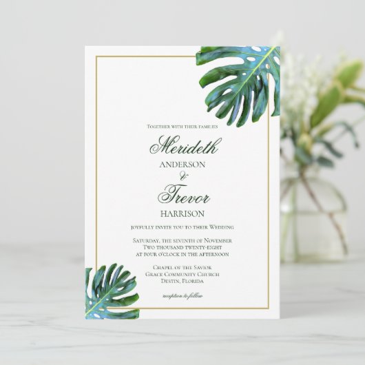 Tropical Beach Monstera Leaf Einladung (Stehend Vorderseite)