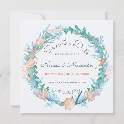 Tropical Beach Nautical Sea Wreath Wedge Save The Date (Vorderseite)