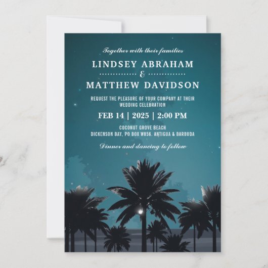 Tropical Beach Night Palm Tree Lights Hochzeit Einladung (Vorderseite)