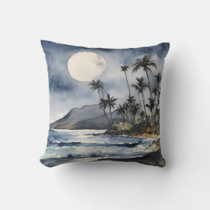 Tropical Beach Night Sky Moon Wasserfarben Kissen