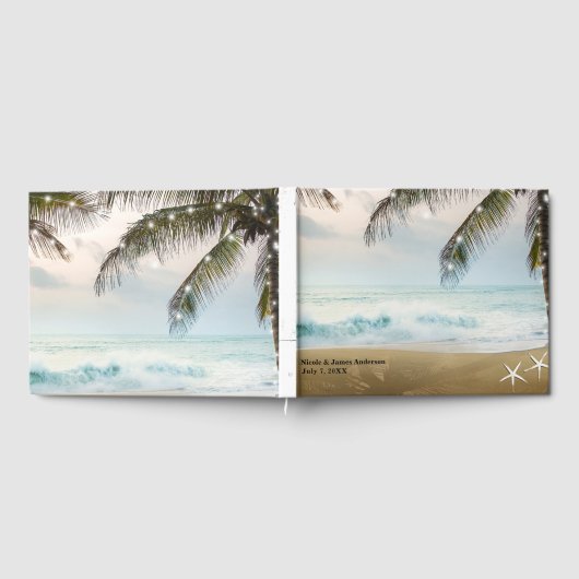 Tropical Beach Ocean Palm Trees & Lights Wedding Gästebuch (Voll)