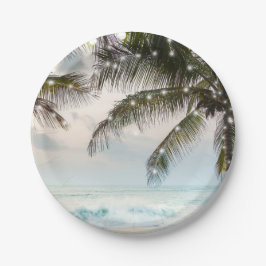 Tropical Beach Ocean Palm Trees & Lights Wedding Pappteller