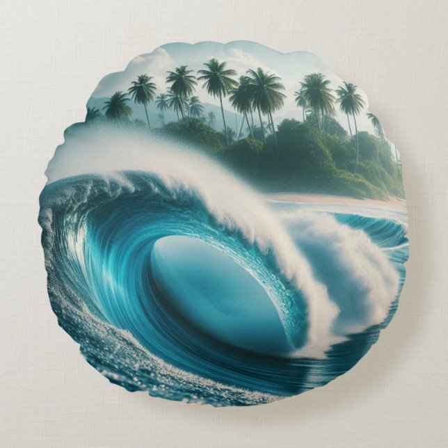 Tropical Beach Ocean Wave Crescendo Palmen Rundes Kissen (Vorderseite)